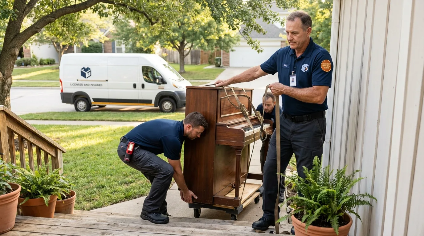 Licensed piano movers securing grand piano in Graceville, FL