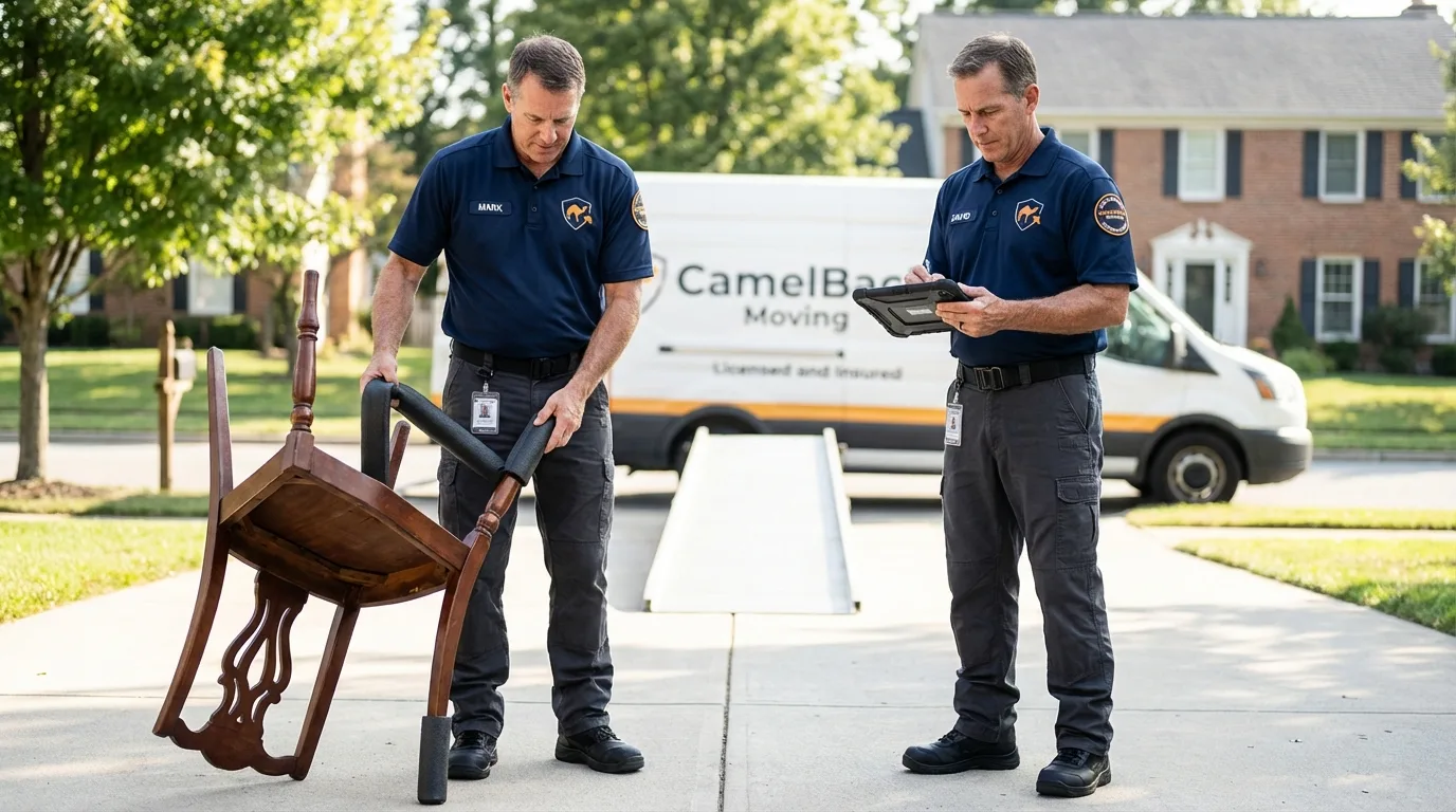 Movers inspecting furniture for damage prevention before loading in Graceville, FL
