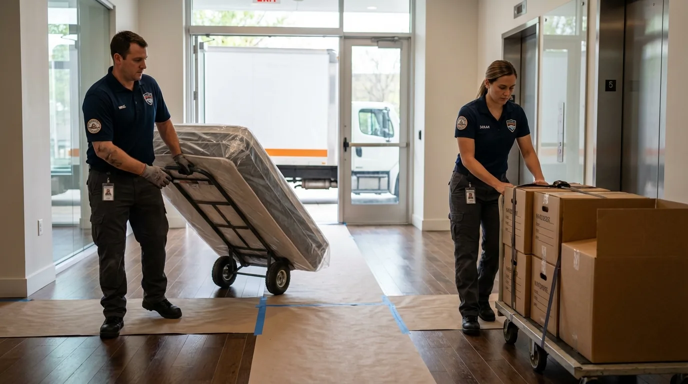 Professional apartment movers loading elevator in Graceville, FL